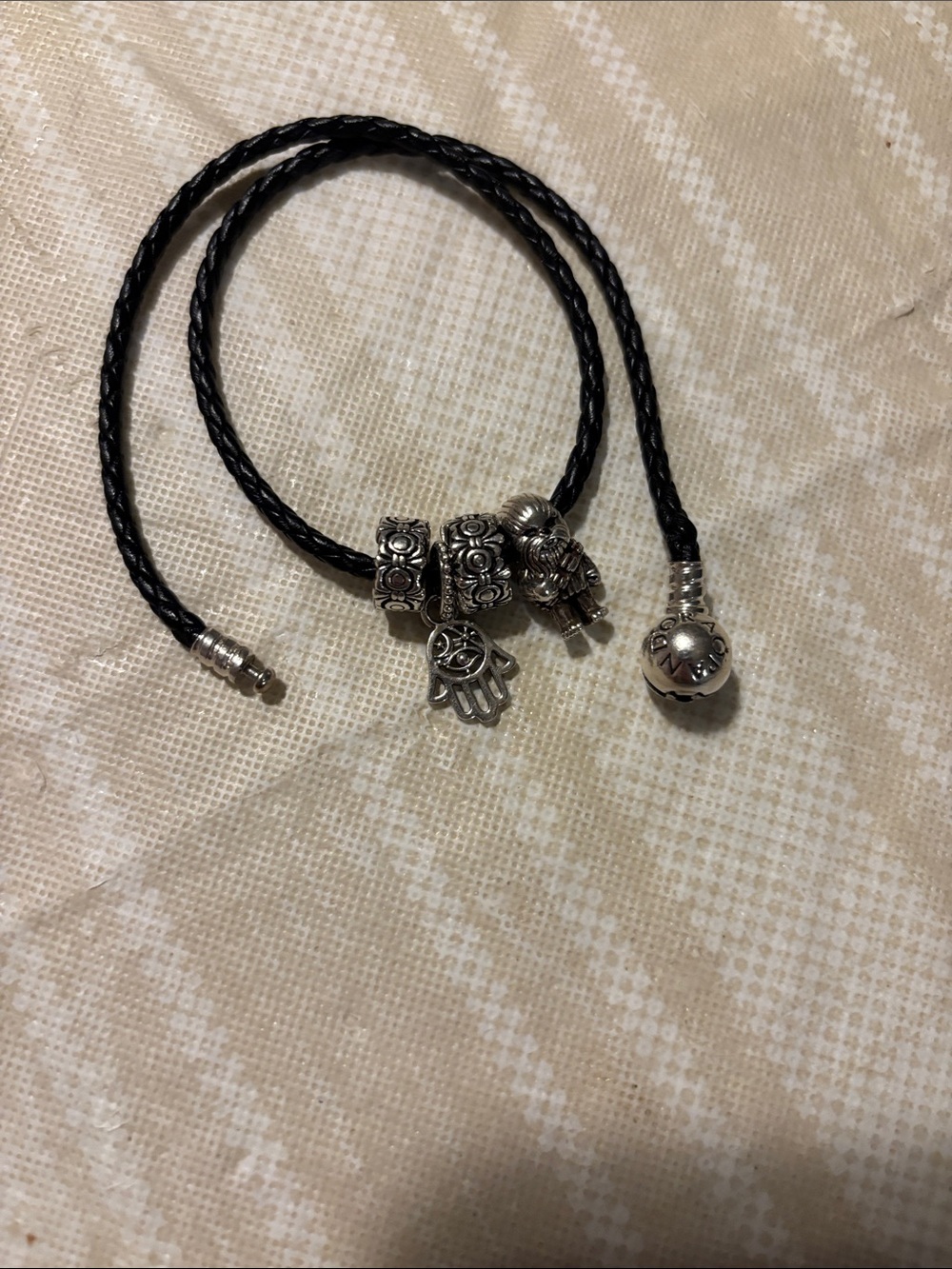 Pandora Black Braided Leather Bracelet with Silver Hamsa and Decorative Charms